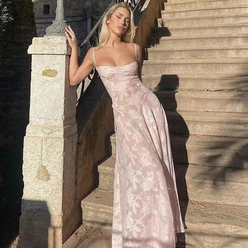 Women's See Through Spaghetti Maxi Plunge Off Shoulder Floral Mesh Patchwork Long Dress