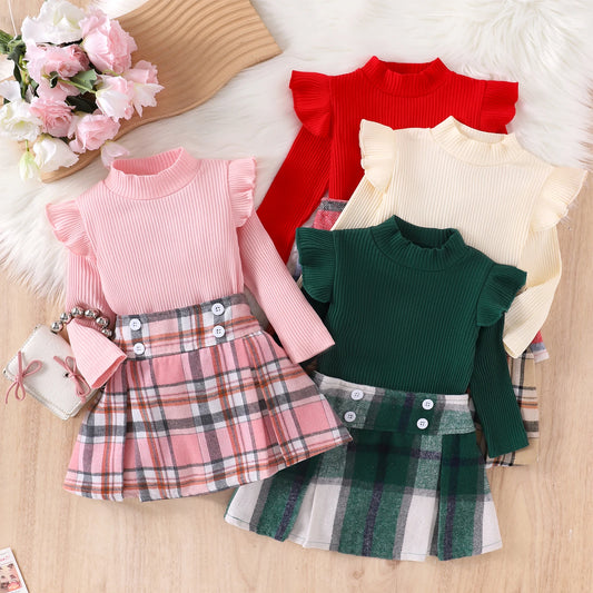 Little Girl Fall Clothes Set - Ruffle Long Sleeve Ribbed Top & Plaid A-Line Skirt