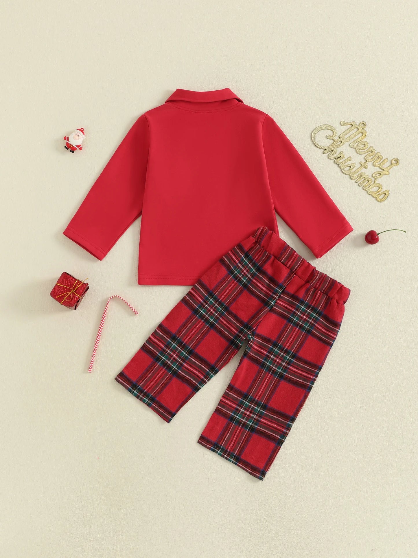 Toddler Kids Boy Christmas Clothes Set - Santa Embroidery Long Sleeve Lapel Pullover & Elastic Waist Plaid Pants