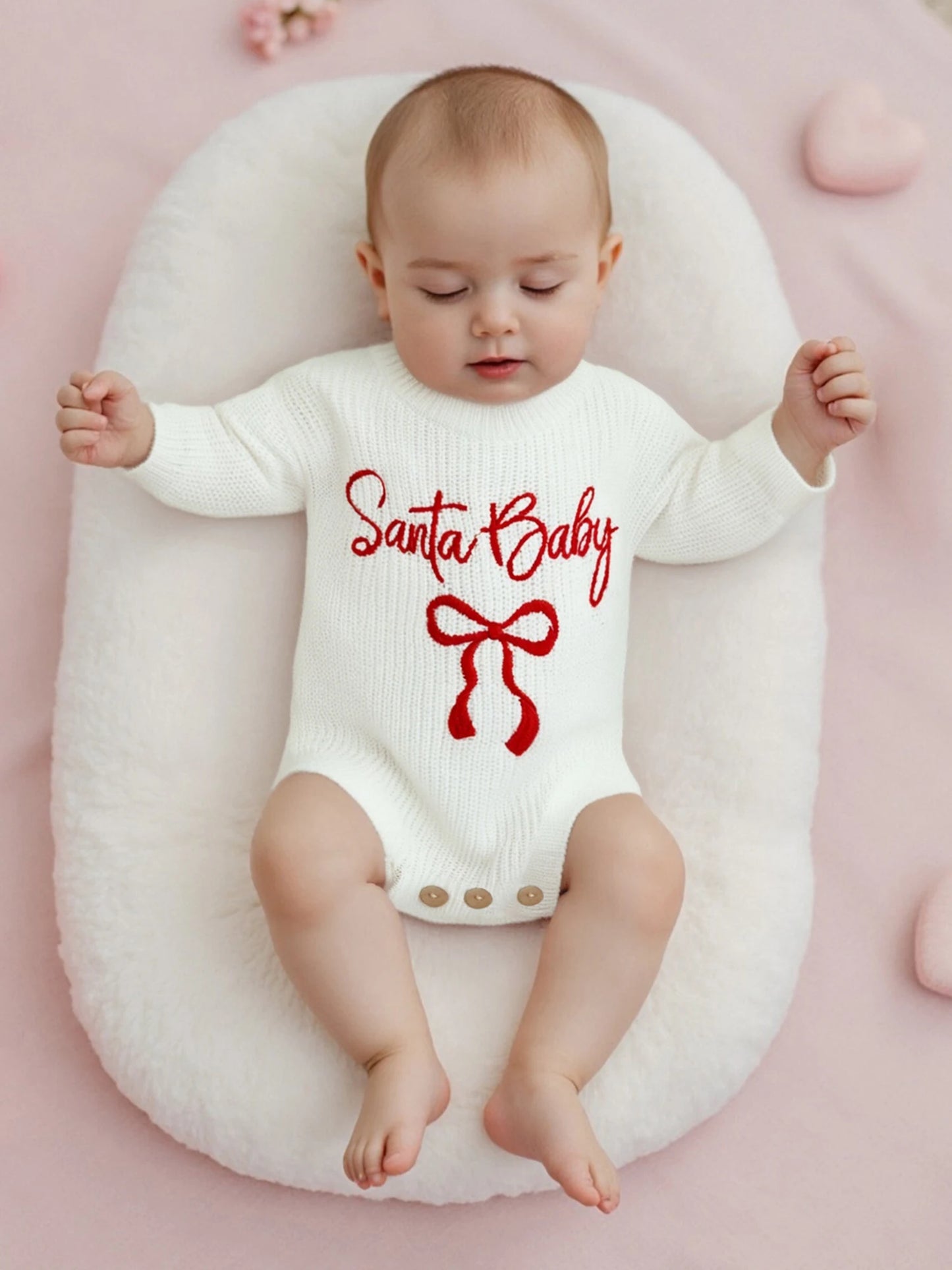 Baby Christmas Romper Sweater - Letter Bow Embroidery Ribbed Long Sleeve