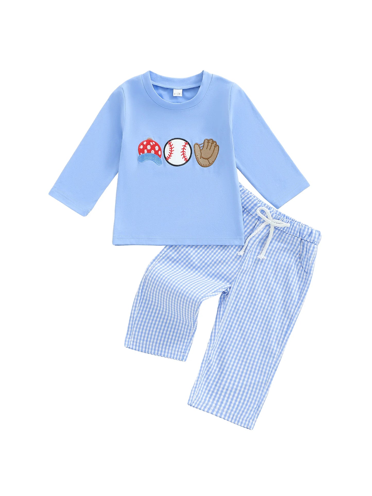Autumn Winter Baby Boys Clothing Set - Baseball Embroidery Sweatshirt & Plaid Pants
