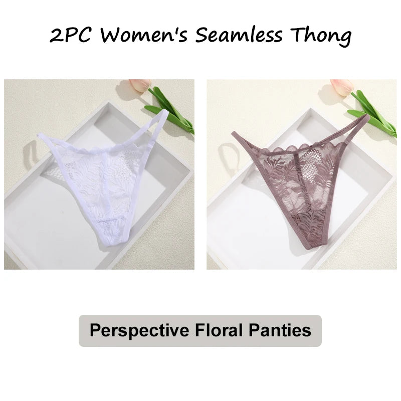 Floral Lace Thong Underwear - Low Waist Transparent Briefs for Women