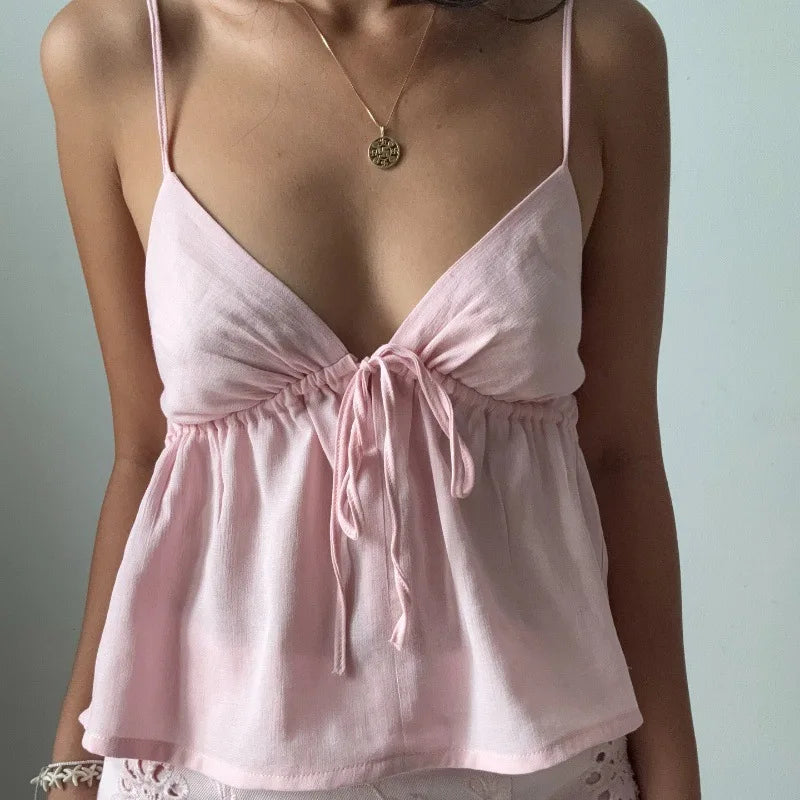Y2K Camisole Crop Top - Backless Tie Front Top for Women