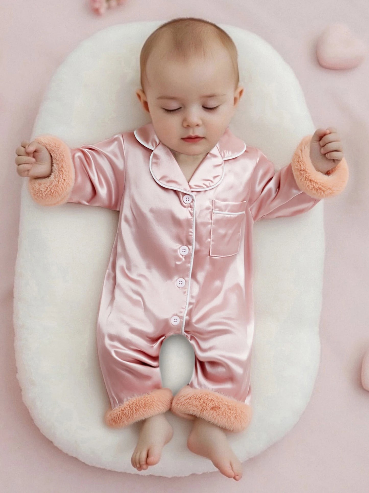 Baby Christmas Pajama Romper - Button Down with Feather Trim Cuffs