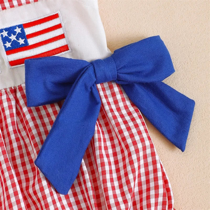 Baby Girls Independence Day Romper - Cute Ruffles Fly Sleeve Plaid Print Jumpsuit (0-18M)