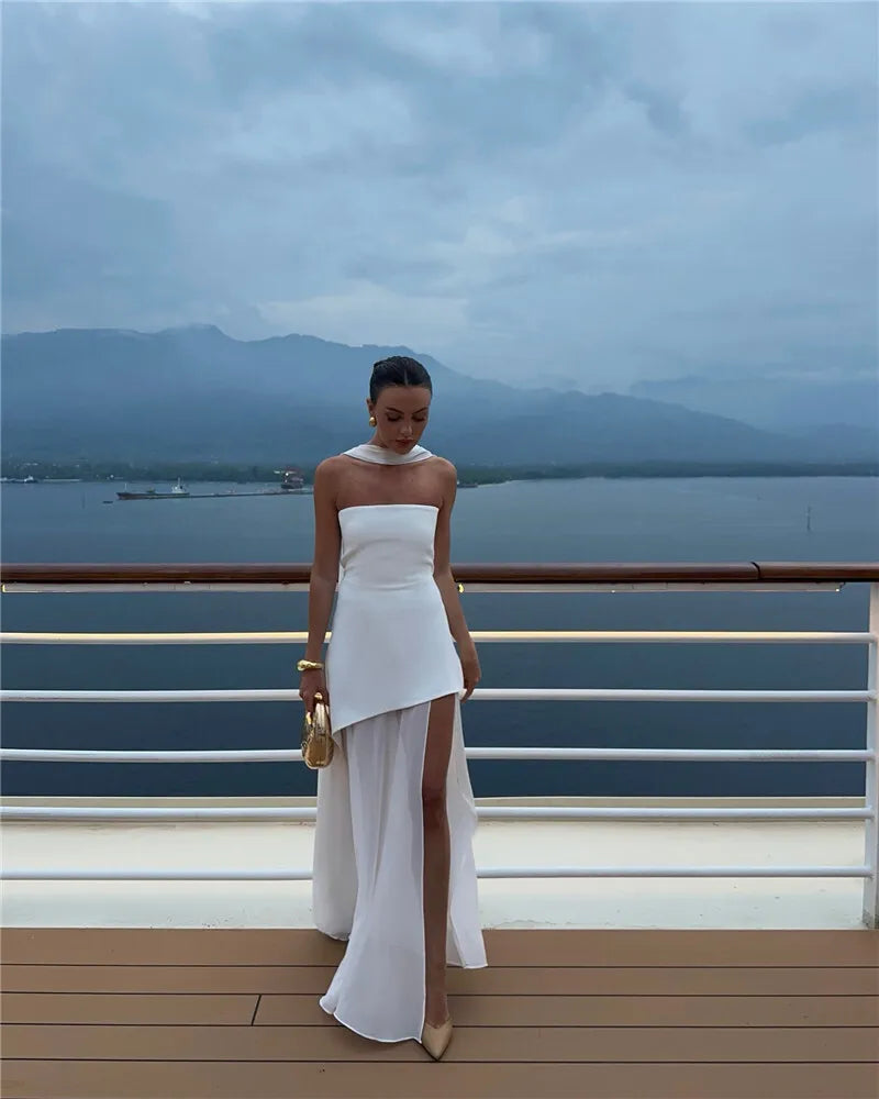 Women's Elegant Strapless Maxi Gown With Scarf Off-shoulder Sleeveless Backless Split Beach Long Dress