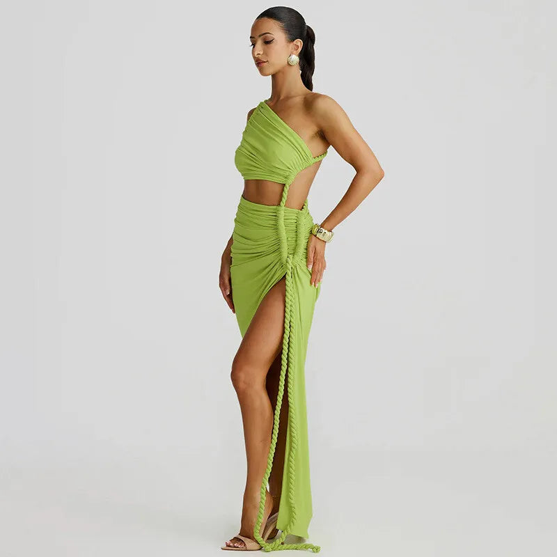 Women's Off-shoulder Thigh High Split Maxi Strapless Sleeveless Ruched Bodycon Party Dress