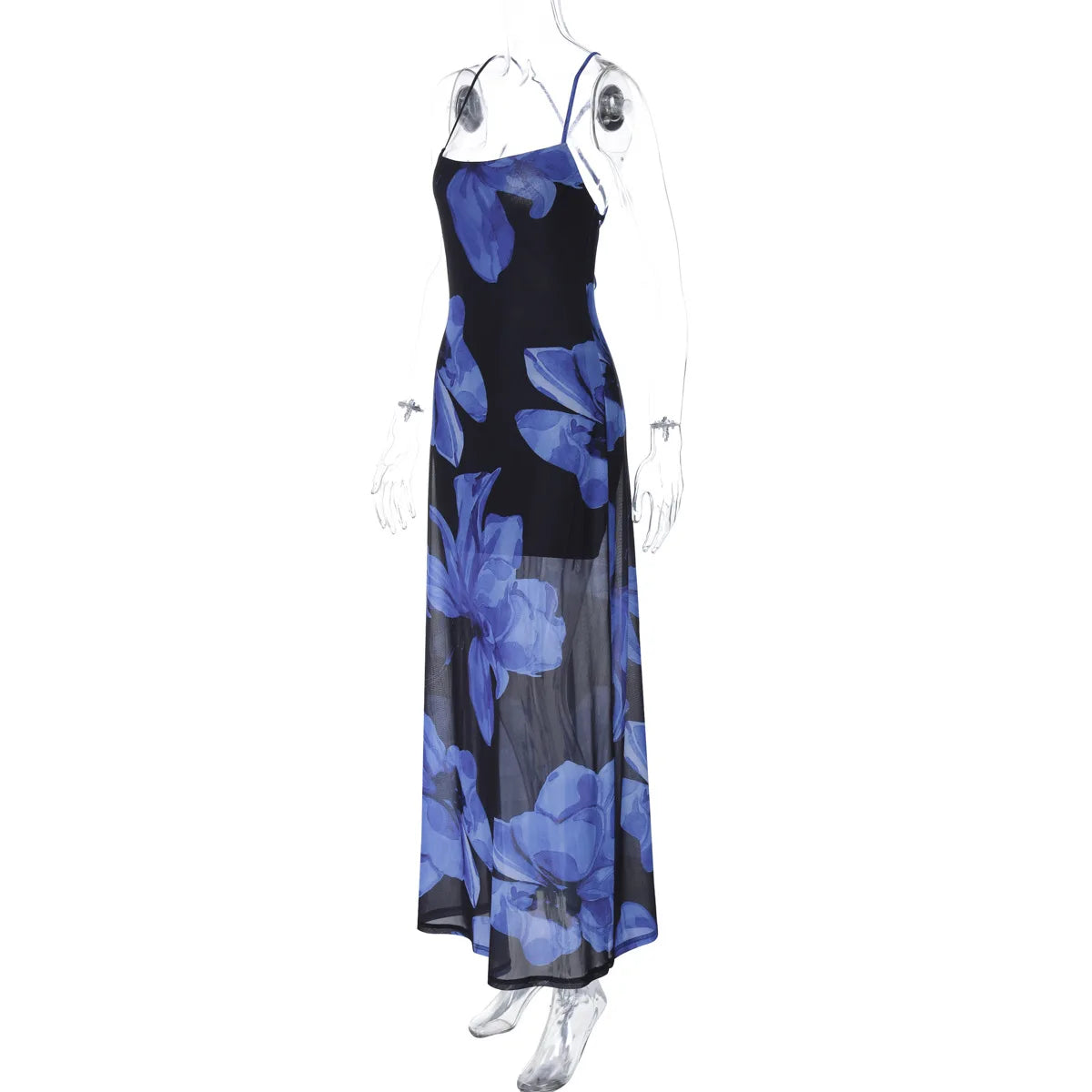 Women's Halter Mesh Sheer Floral Print Sheer Maxi Backless Summer Party Bandage Dress
