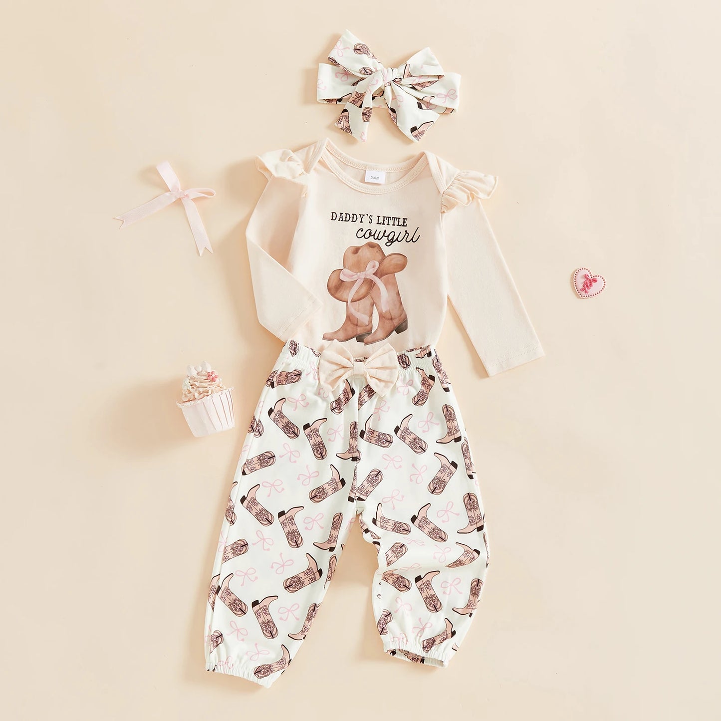 Baby Girls Western Outfit Set - 3-Piece Jumpsuit, Headband & Pants
