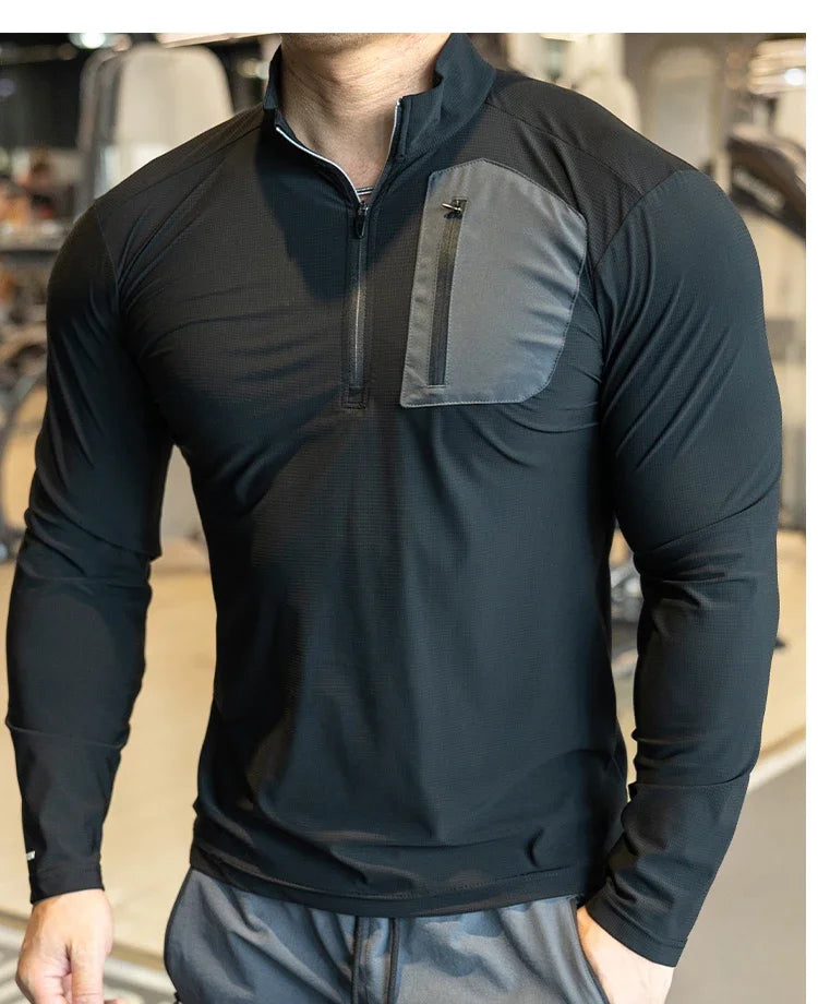 Men's Muscle Workout Sportswear Long Sleeve Running Clothing with Half Zip with Pockets Sports Gym Fitness Compression Shirt