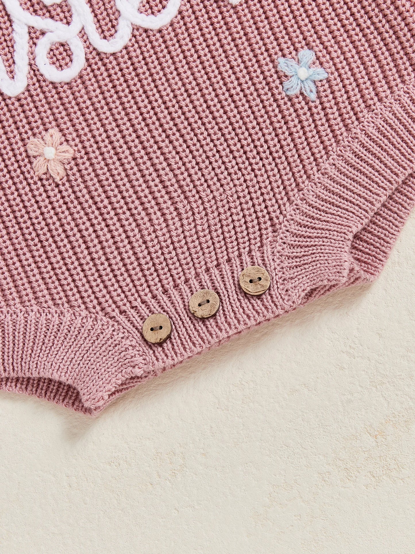 Newborn Baby Sweater Romper - Letter Floral Embroidery Round Neck Knit Jumpsuit