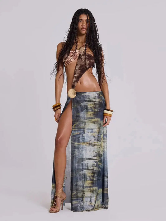 Women's Mesh Cut Out Maxi Dress - Ruched Print Beach Cover Up