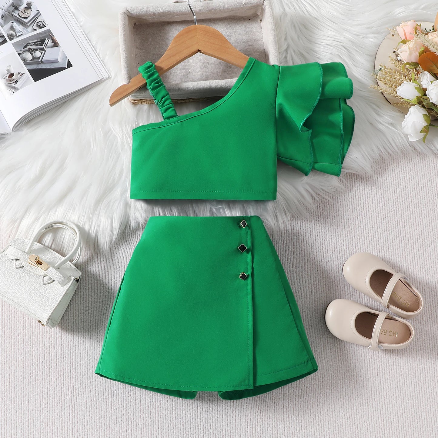 1-6Y Kids Girls Clothes Set Ruffles One Shoulder Sleeveless Vest with Solid Shorts Summer Outfit