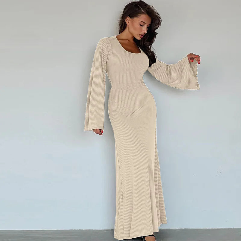 Women's Loose U Neck Ribbed Knit Long Back Bandage Lace Up Fall Flare Sleeve Maxi Dress