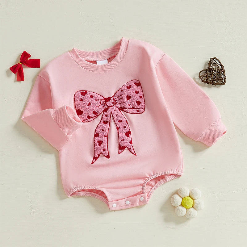 Children's 0-18M Baby Girls Bubble Romper Heart Bow Embroidery Long Sleeve Sweatshirt Jumpsuit