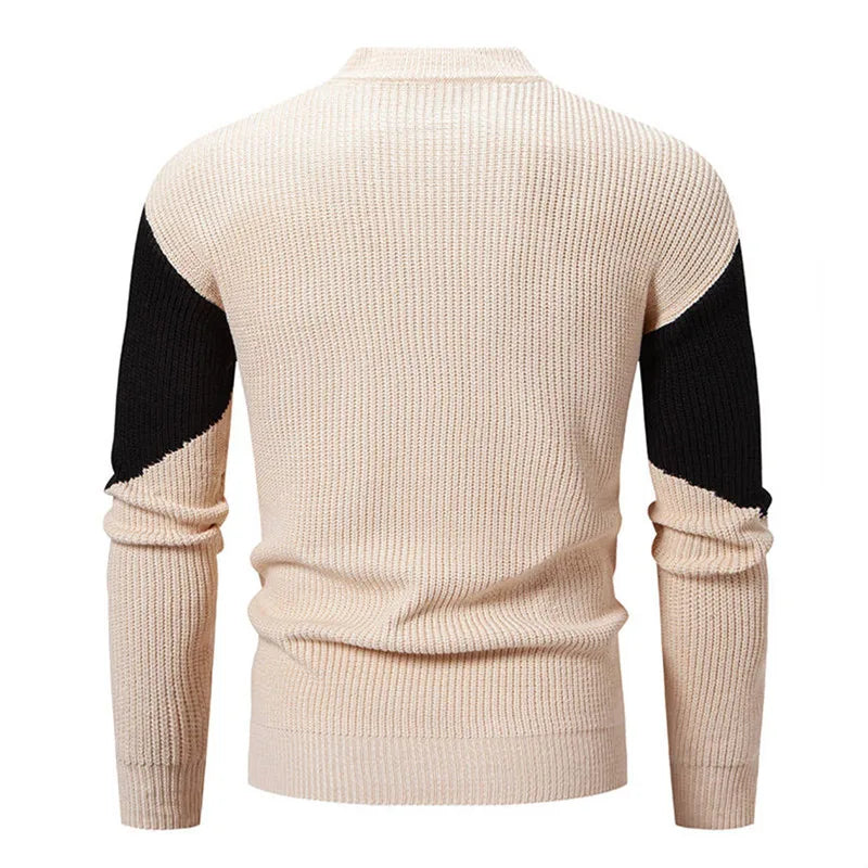 Men's Autumn Winter Mock Neck Patchwork Casual Slim Fit Knitted Pullover Sweater