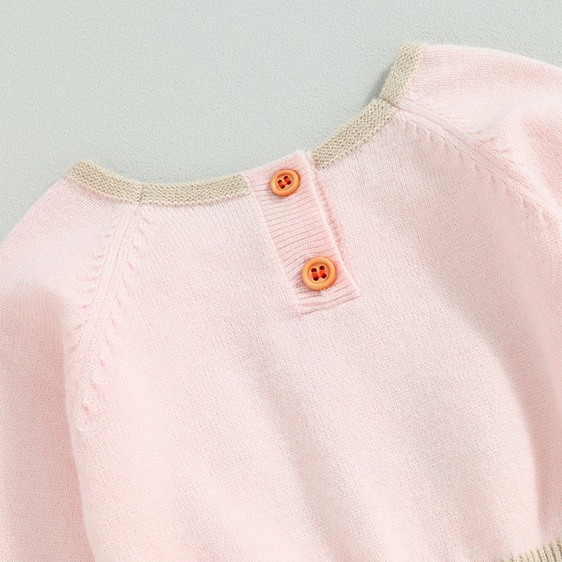 0-24M Baby Girls Romper Long Sleeve Flower Embroidery Drawstring Knit Sweater Jumpsuit