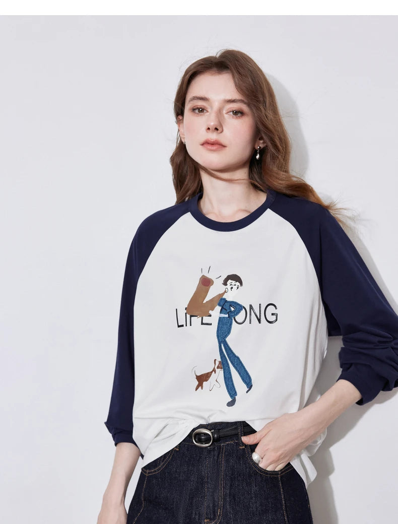 Women's Long Sleeve Lyocell Denim Patchwork Embroidery Cotton Pullover T-Shirt
