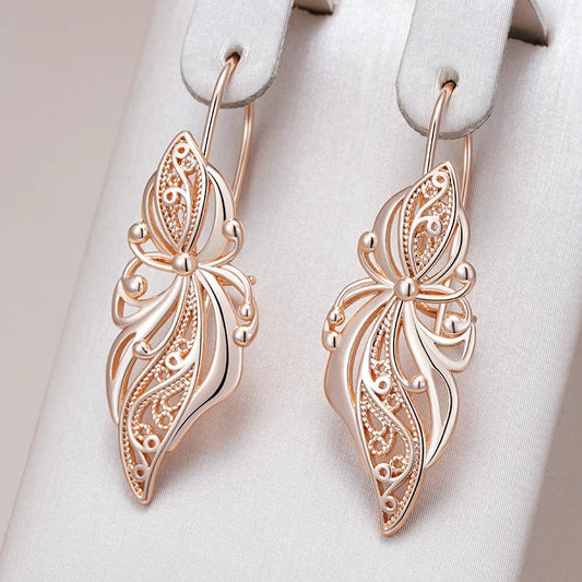 Glossy Rose Gold Dangle Earrings - Elegant Flower Design for Daily Wear
