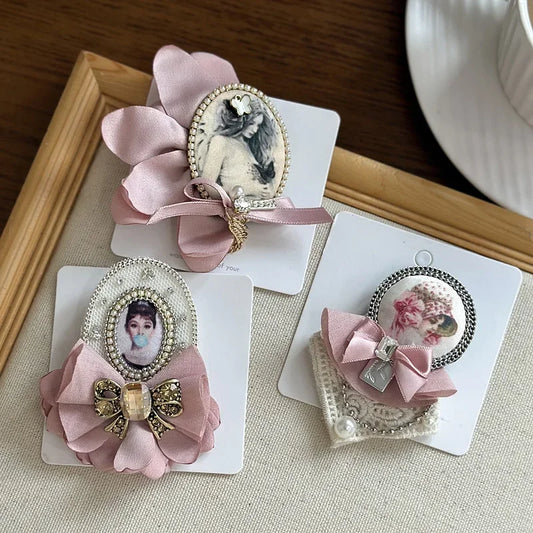 Rhinestone Pearl Badge Brooches - Pink Fabric Bow Lapel Pin for Women