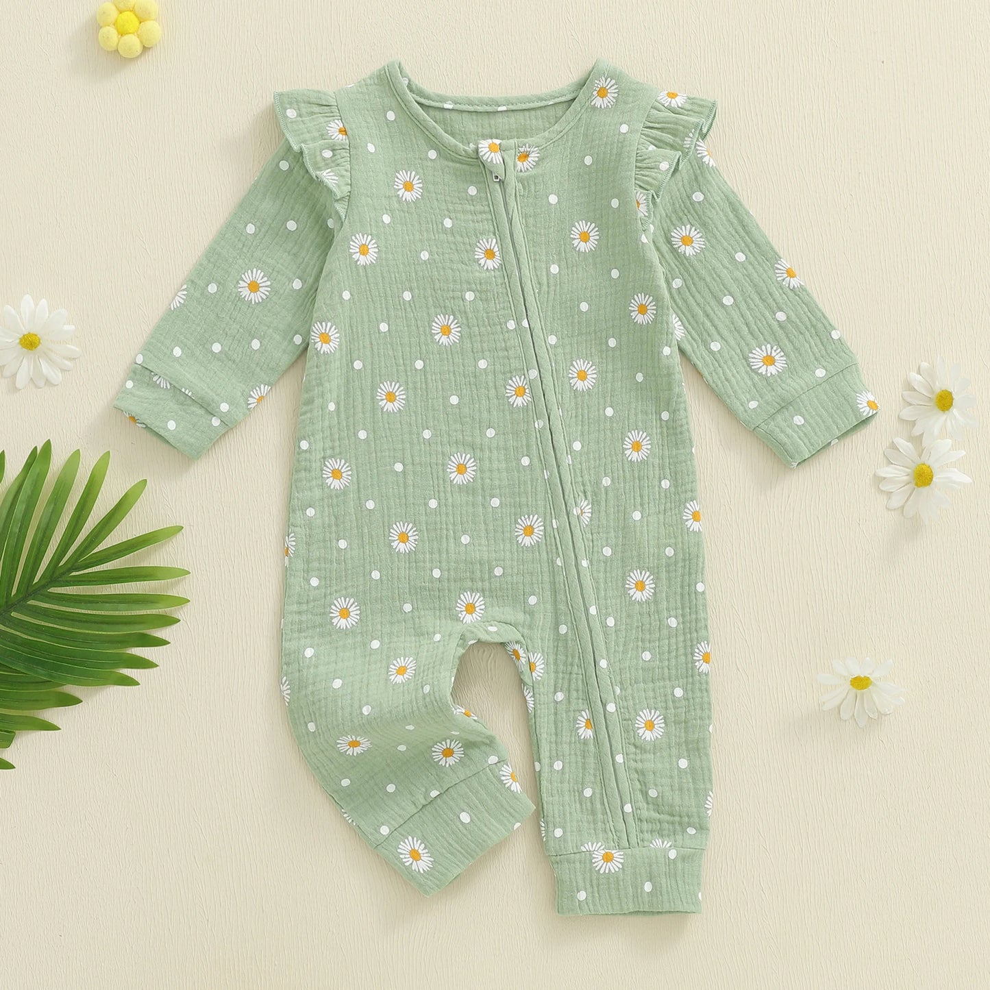 Baby Girls Fall Jumpsuit - Long Sleeve Flower Print Zipper Romper (0-18M)
