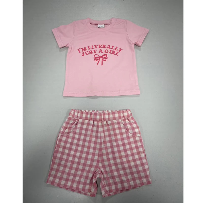 0-4Y Kids Girls Summer Clothes Sets 2pcs Outfits Short Sleeve Letter Bow Embroidery T Shirts Plaid Shorts Sets