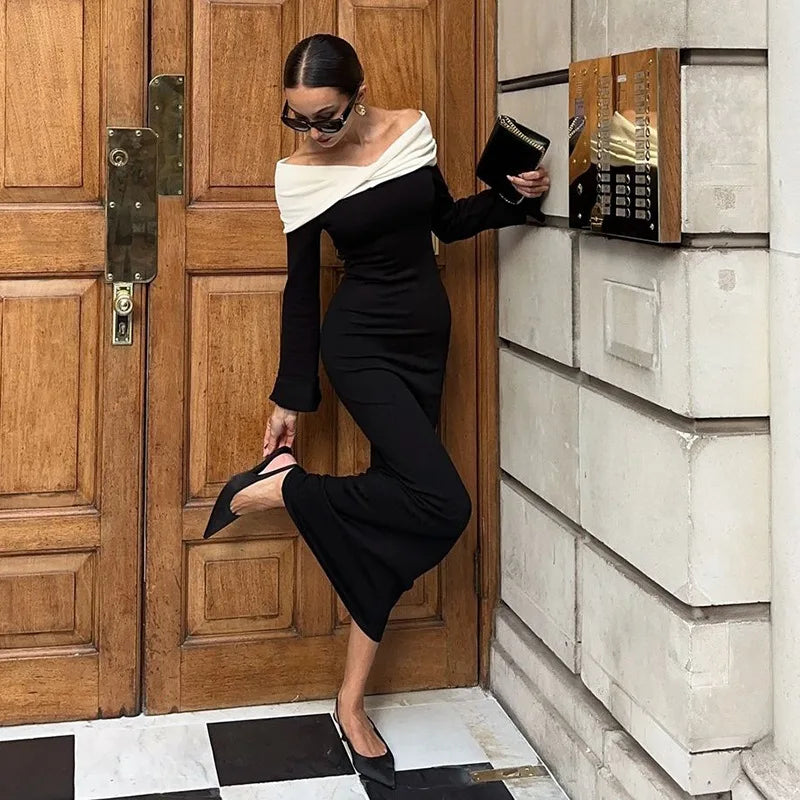 Women's Elegant Off Shoulder Long Sleeve Maxi Party Bodycon Dress