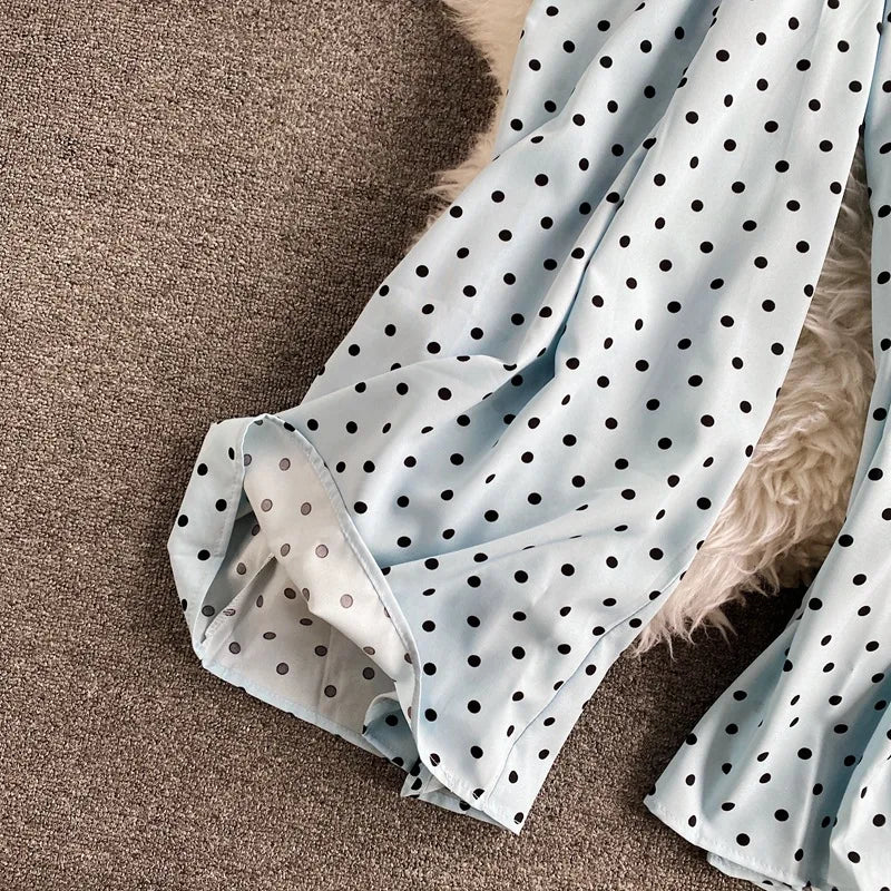 Women's V-Neck Polka Dot Jumpsuit - Wide Leg Trousers with Dolman Sleeves