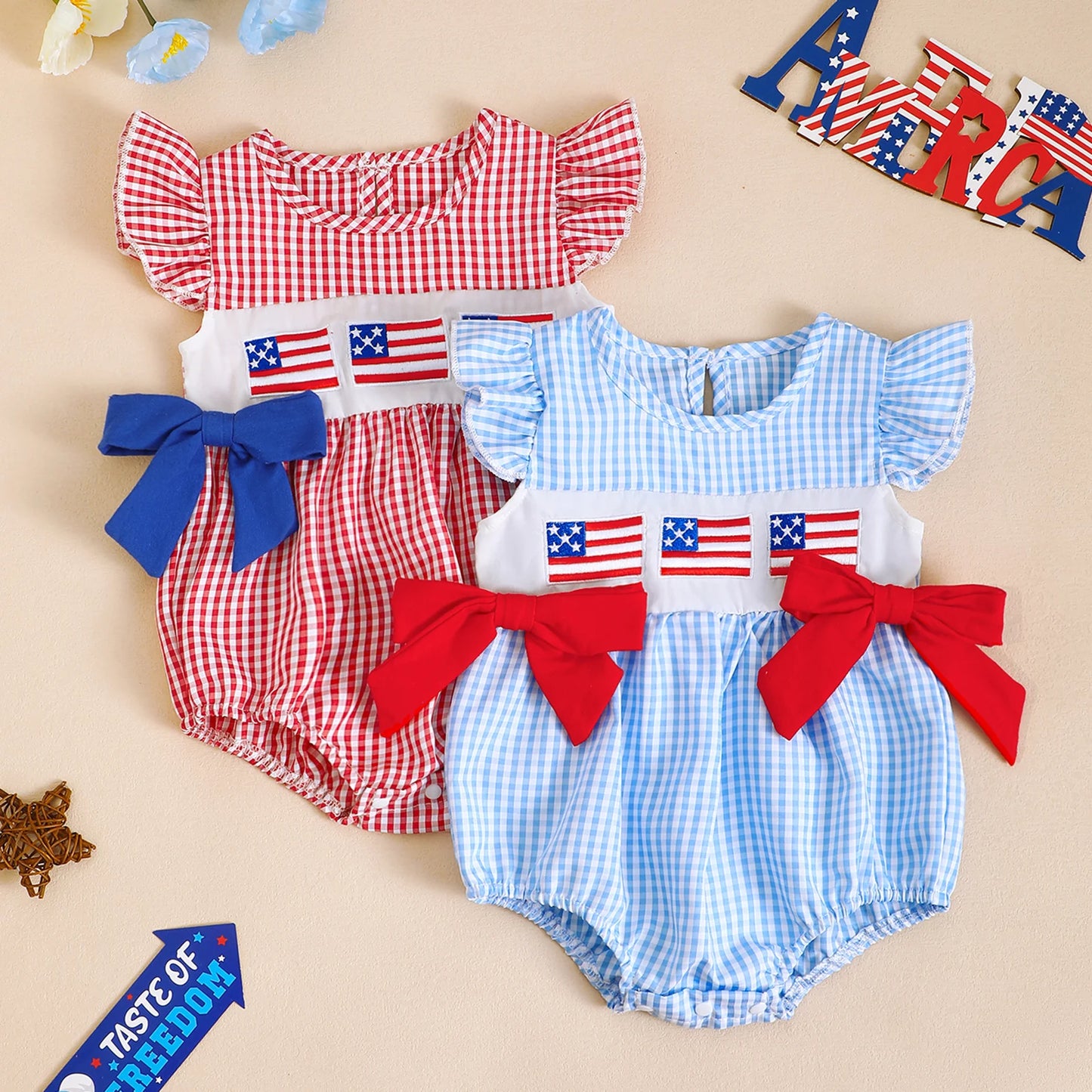 Baby Girls Independence Day Romper - Cute Ruffles Fly Sleeve Plaid Print Jumpsuit (0-18M)