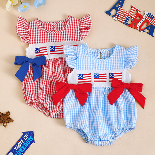 Baby Girls Independence Day Romper - Cute Ruffles Fly Sleeve Plaid Print Jumpsuit (0-18M)