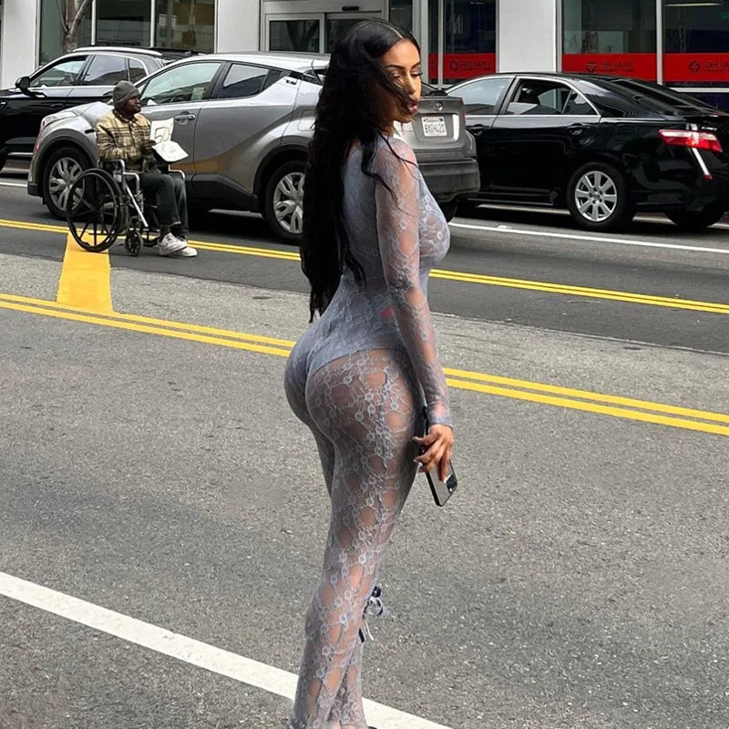 Women's See Through Mesh Jumpsuit Bow Splice Long Sleeve Bodycon One Piece