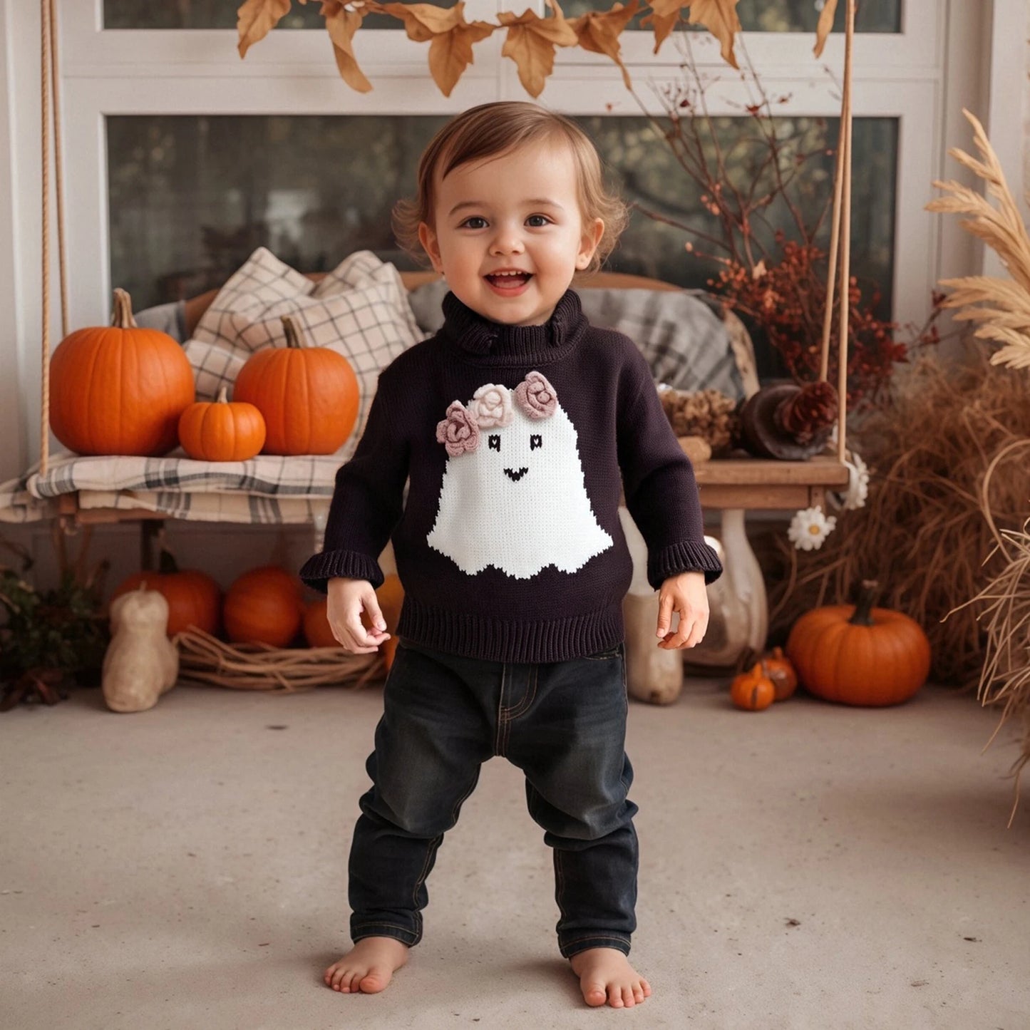 Baby Halloween Knit Sweater - Long Sleeve Ghost Embroidery Pullover