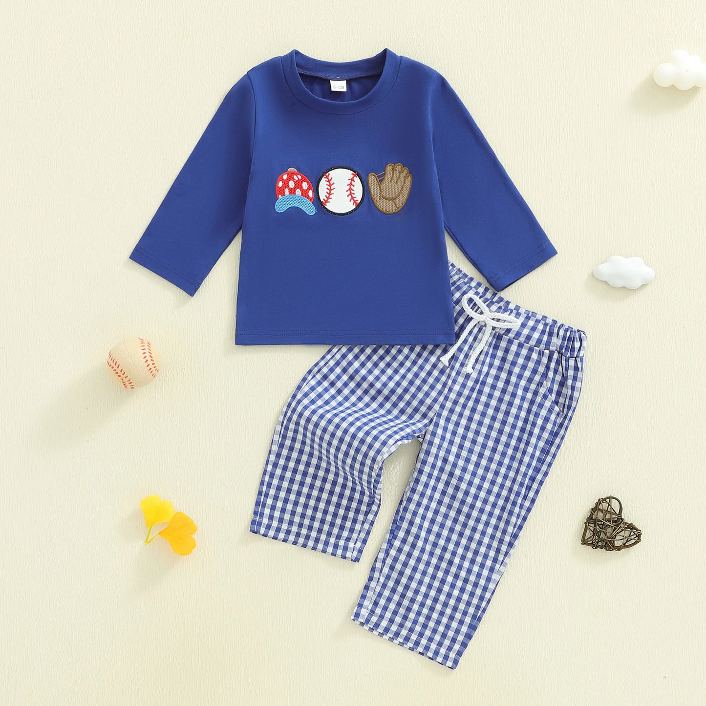 Autumn Winter Baby Boys Clothing Set - Baseball Embroidery Sweatshirt & Plaid Pants