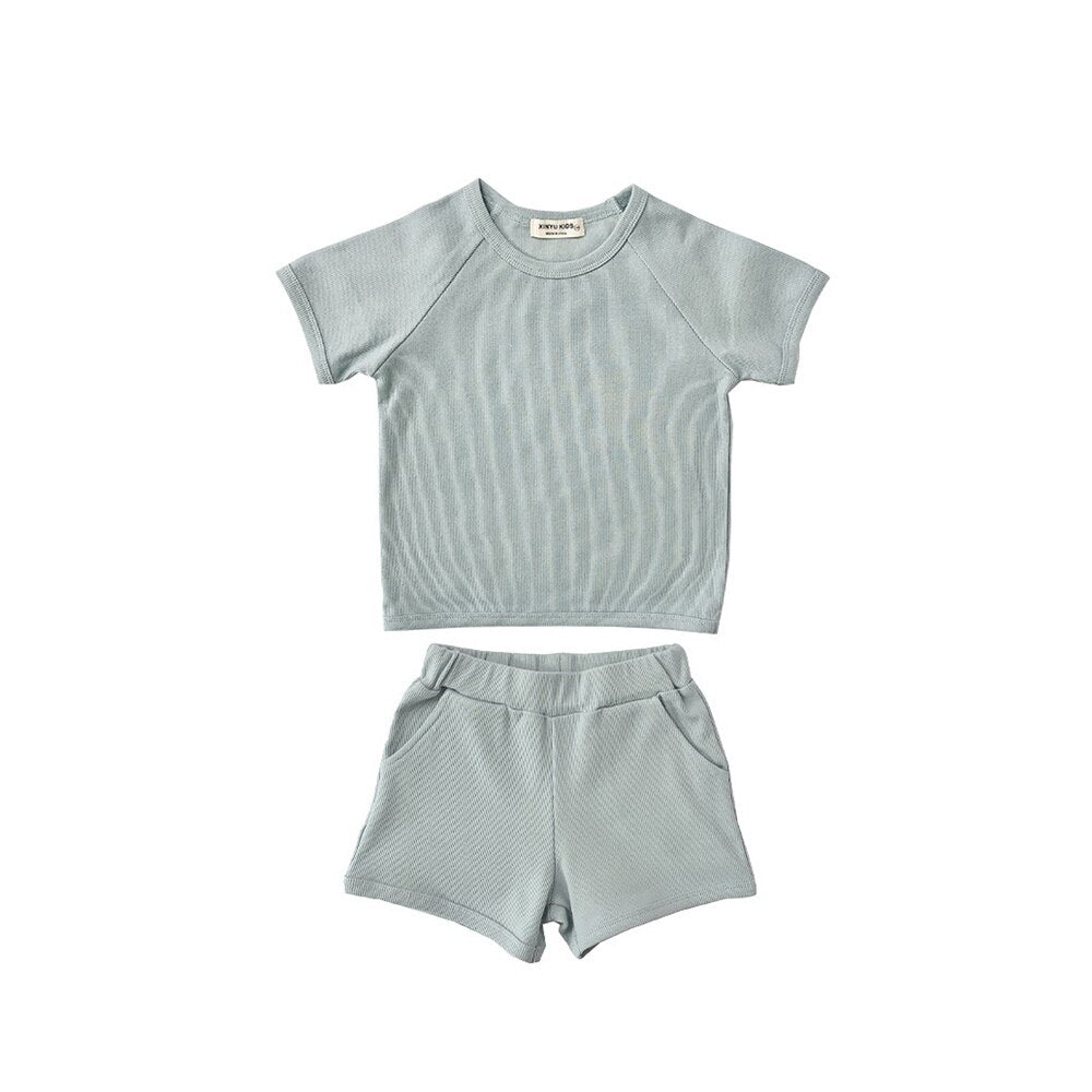 Baby's Ribbed Short Sleeve T-shirts and Shorts 2Pcs Outfits Set