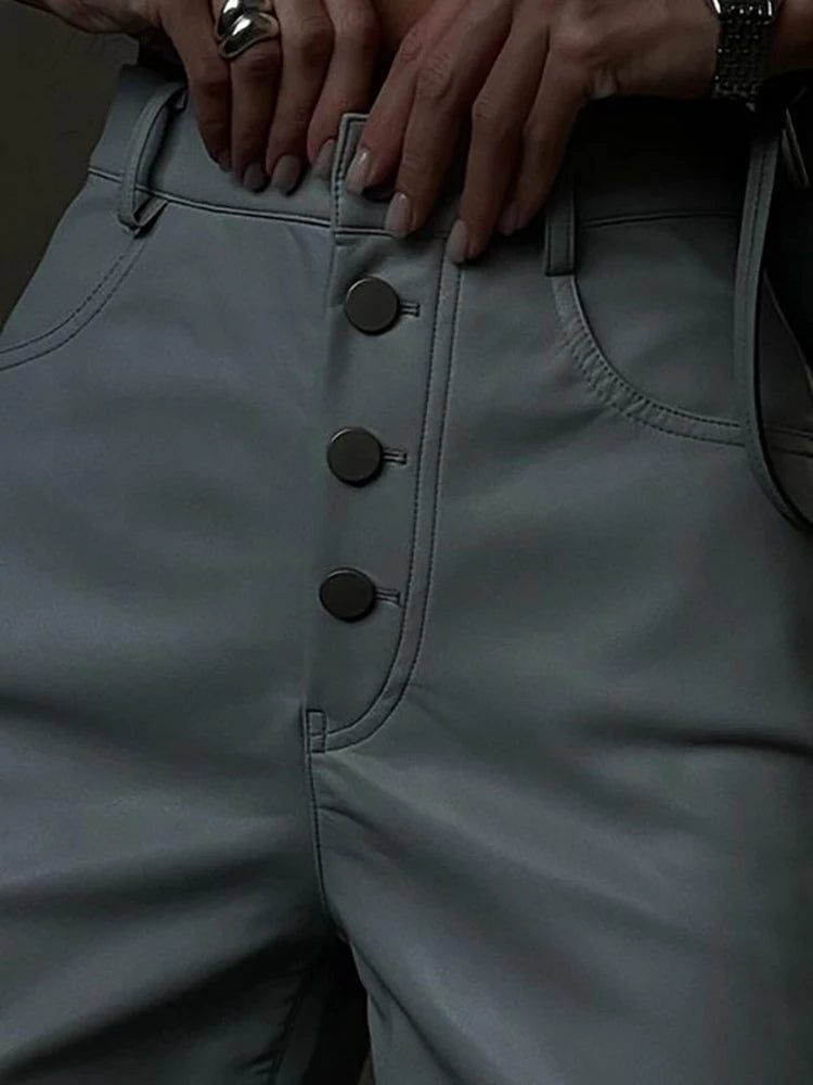 Women's PU Leather High Rise Button Up Straight Leg Trousers