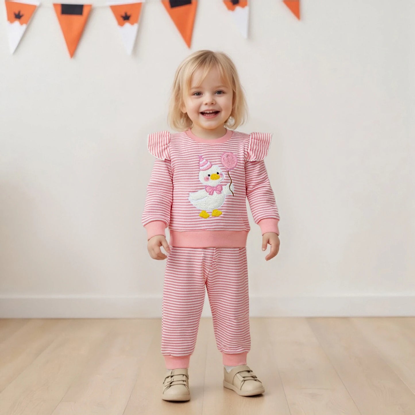 Baby Girls Goose Embroidered Striped Outfit Set (0-4Y)