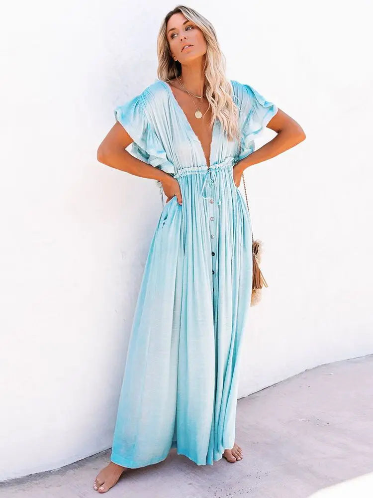 Women's Swimsuit Cover Ups Mandarin Sleeve Kaftan Beach Tunic Beach Dress