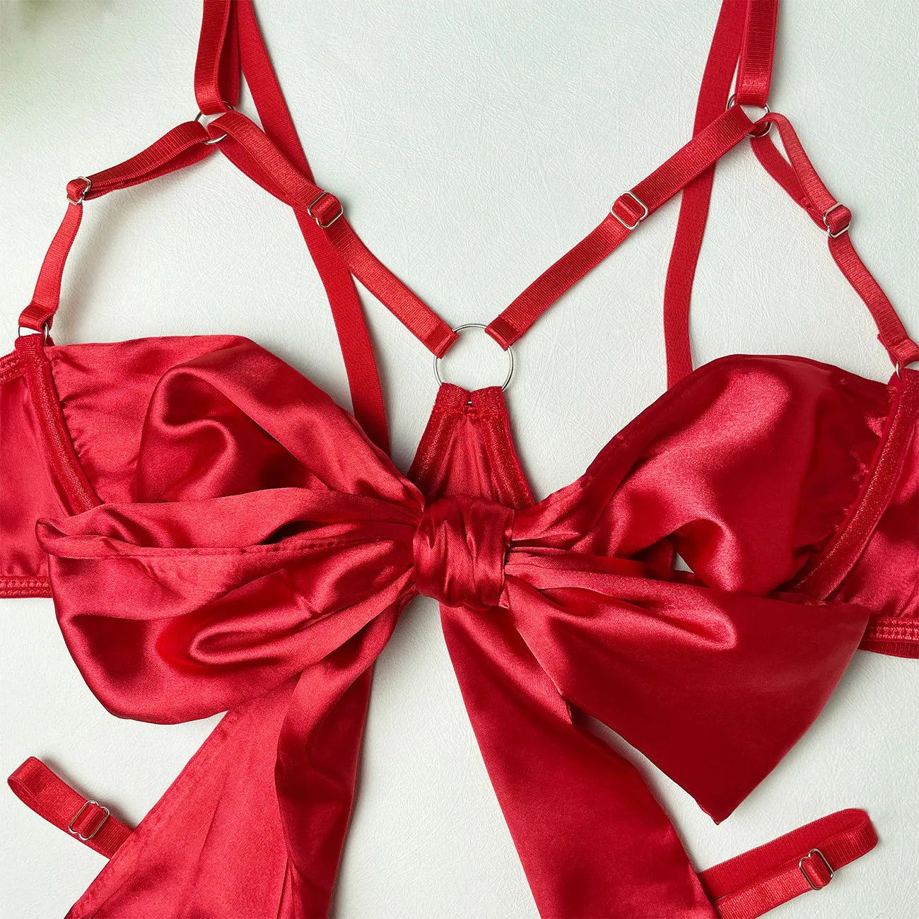Women's Bowknot Lingerie Open Bra Lace Up Underwear 3-Piece Satin Set