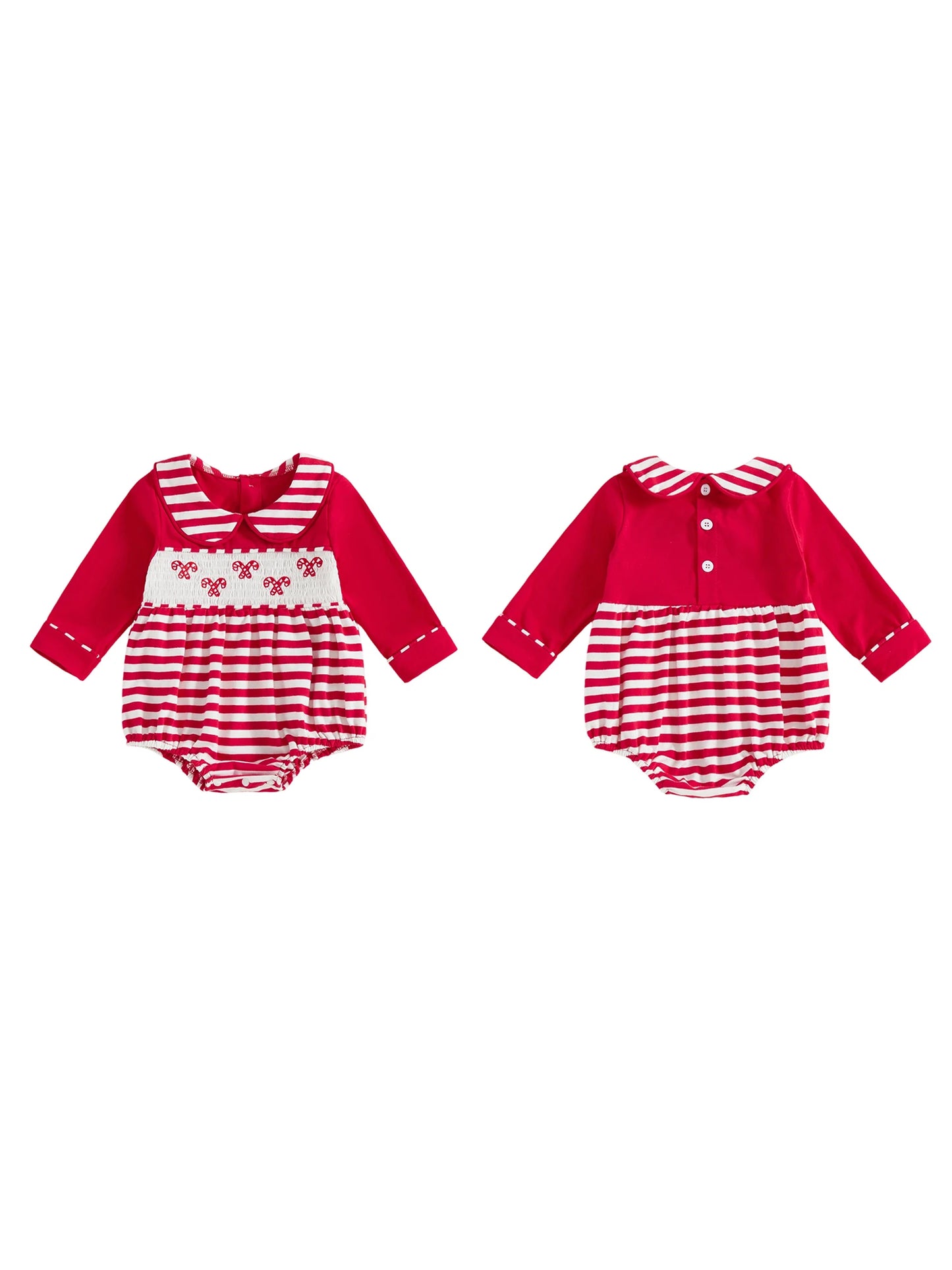 Baby Christmas Romper - Candy Cane Embroidery Long Sleeve Smocked Striped Jumpsuit