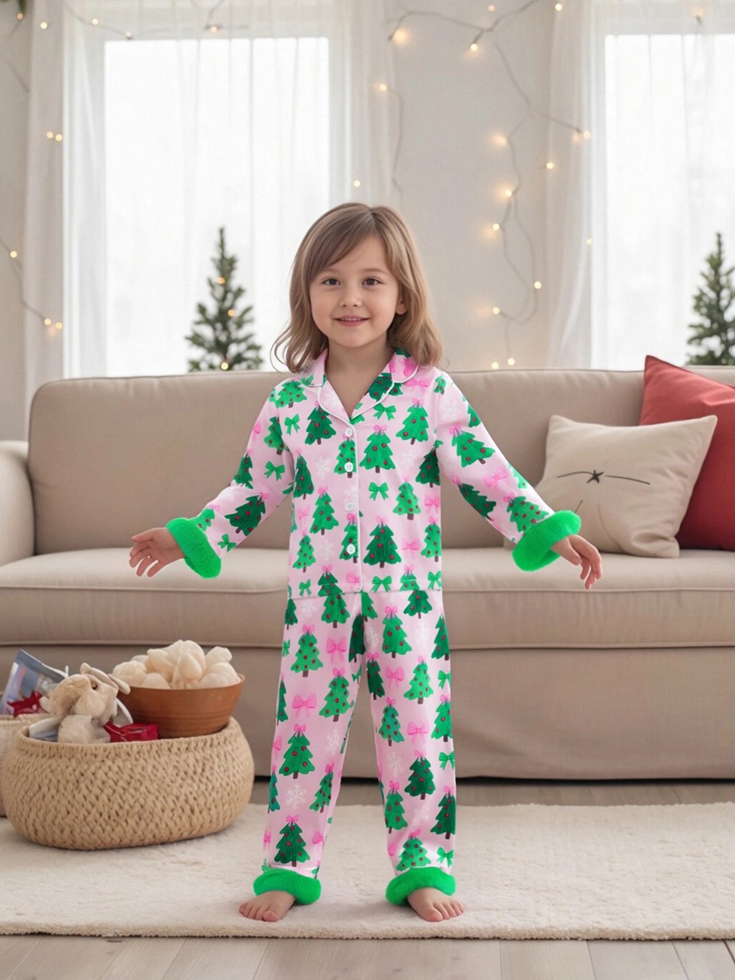 Kids Girls Christmas Satin Pyjamas Set - Tree Print Button Down Top & Pants (0-7Y)