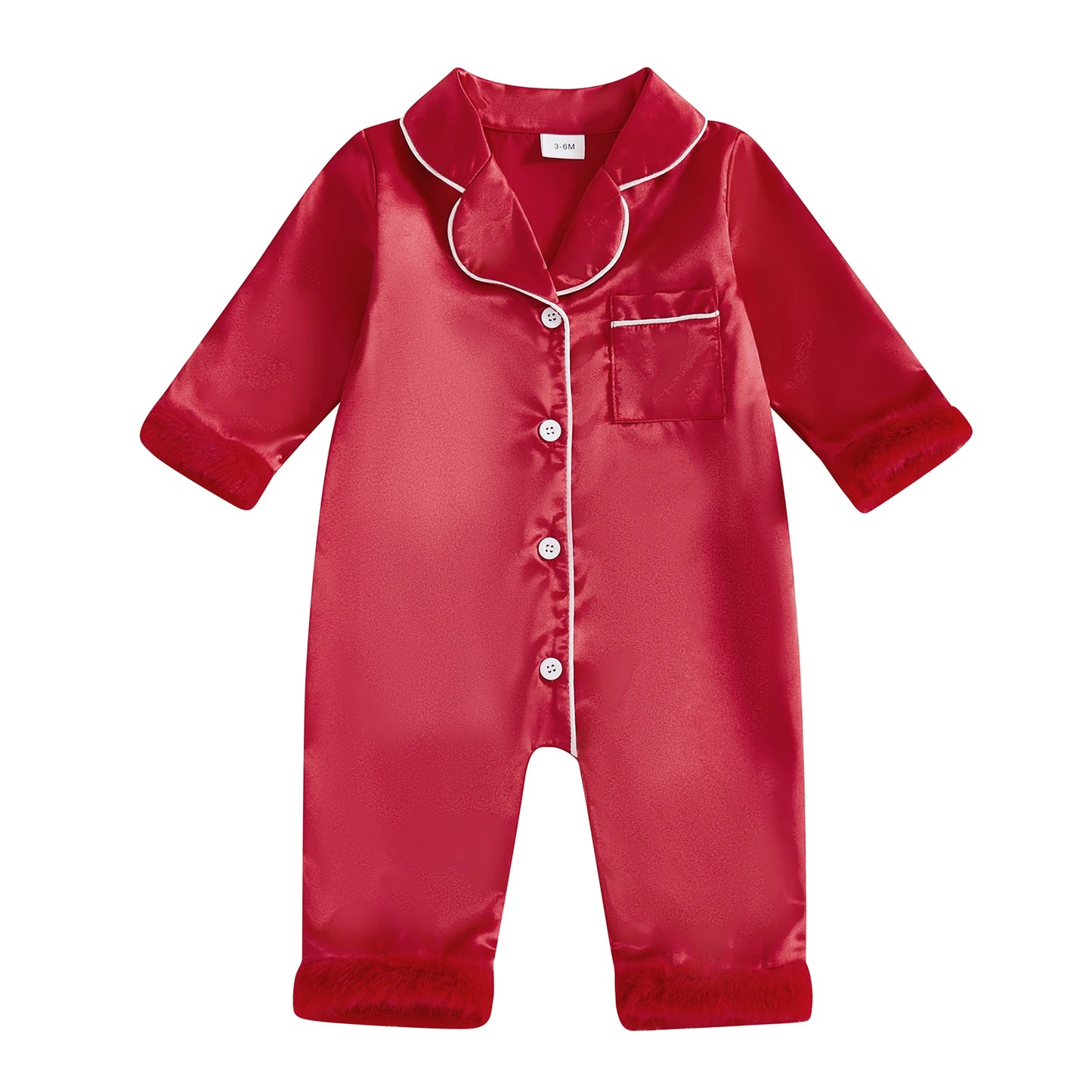 Baby Christmas Pajama Romper - Button Down with Feather Trim Cuffs