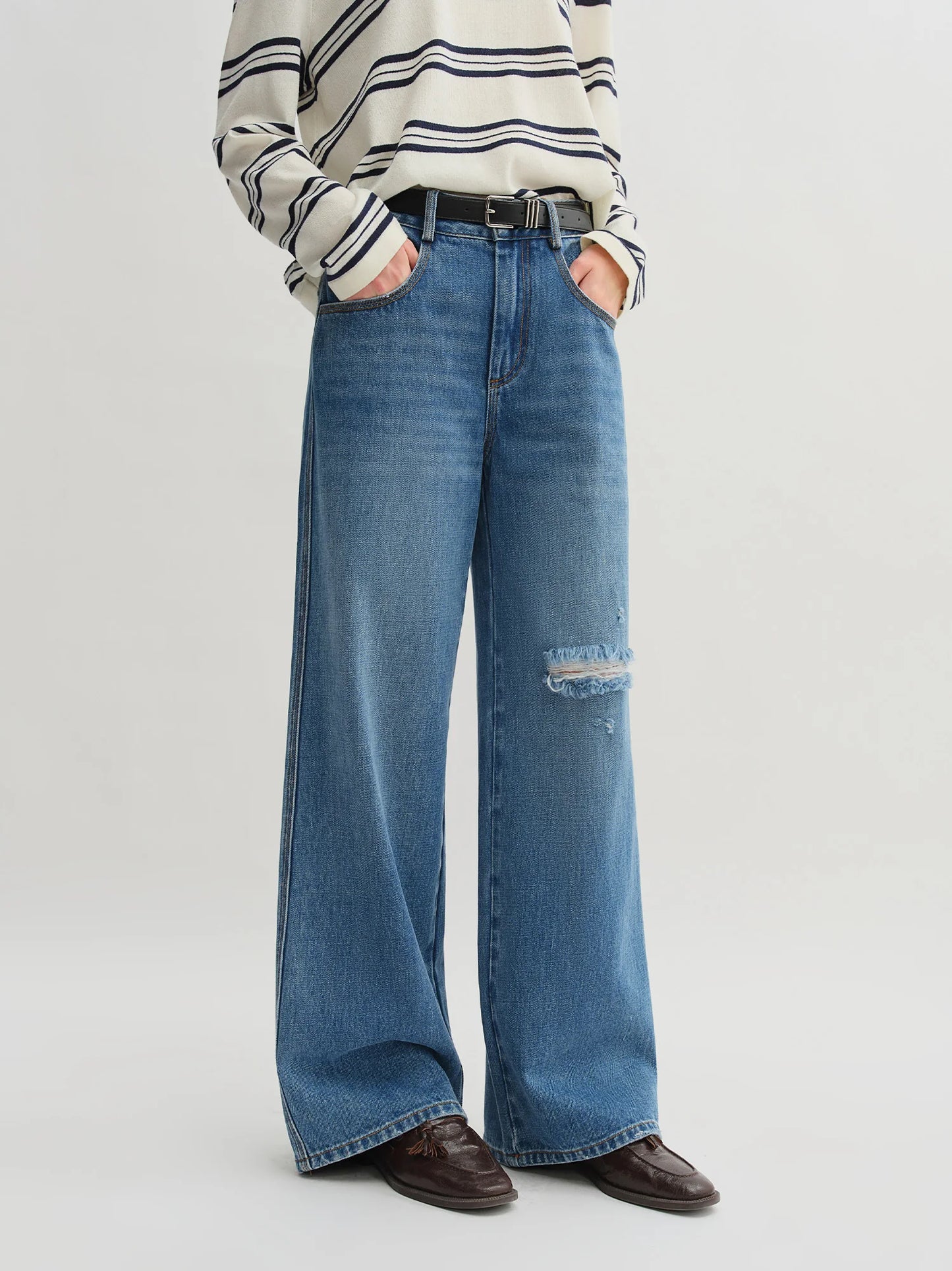Women's High Waist Ripped Jeans - Straight Leg Non-Stretch Casual Denim Trousers