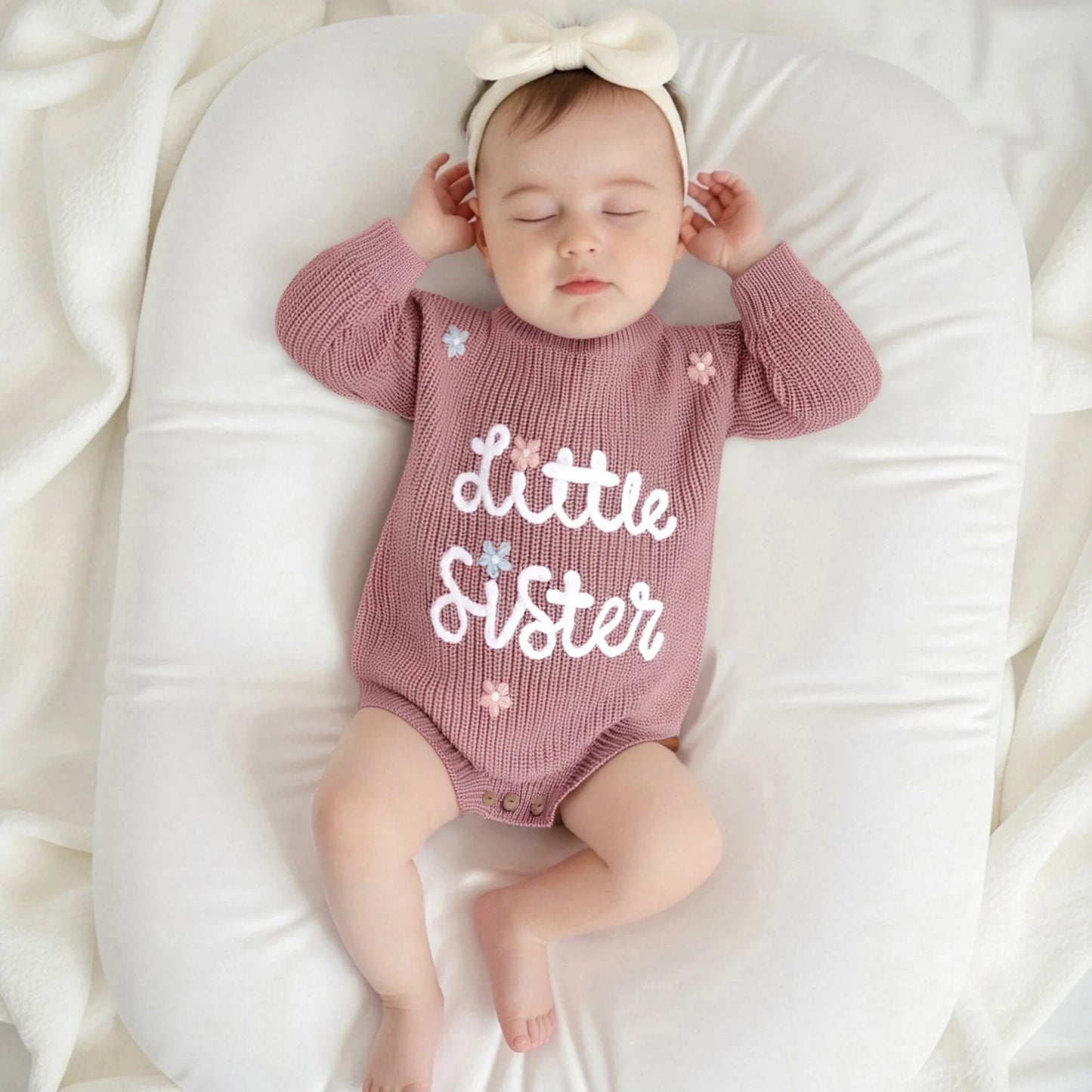 Newborn Baby Sweater Romper - Letter Floral Embroidery Round Neck Knit Jumpsuit