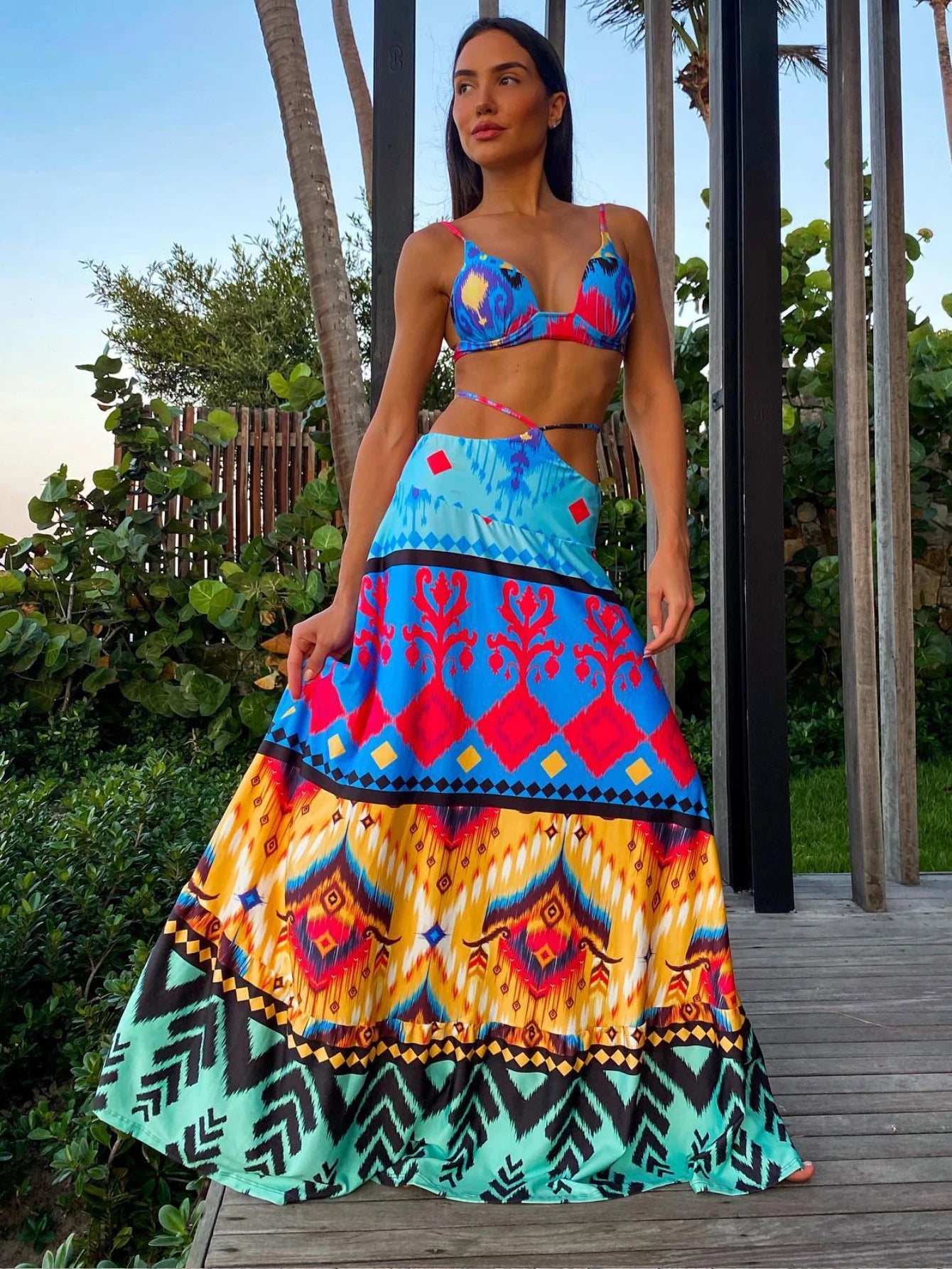 Women's Print Beach Two Piece Skirt White Bra High Waist A-line Long Skirt Beach Set