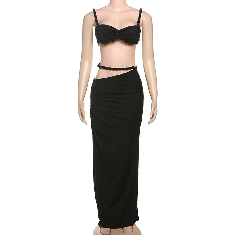 Women's Ruched Bandage 2 Piece Set Backless Decorative Cord Top and Skirt Dress Set