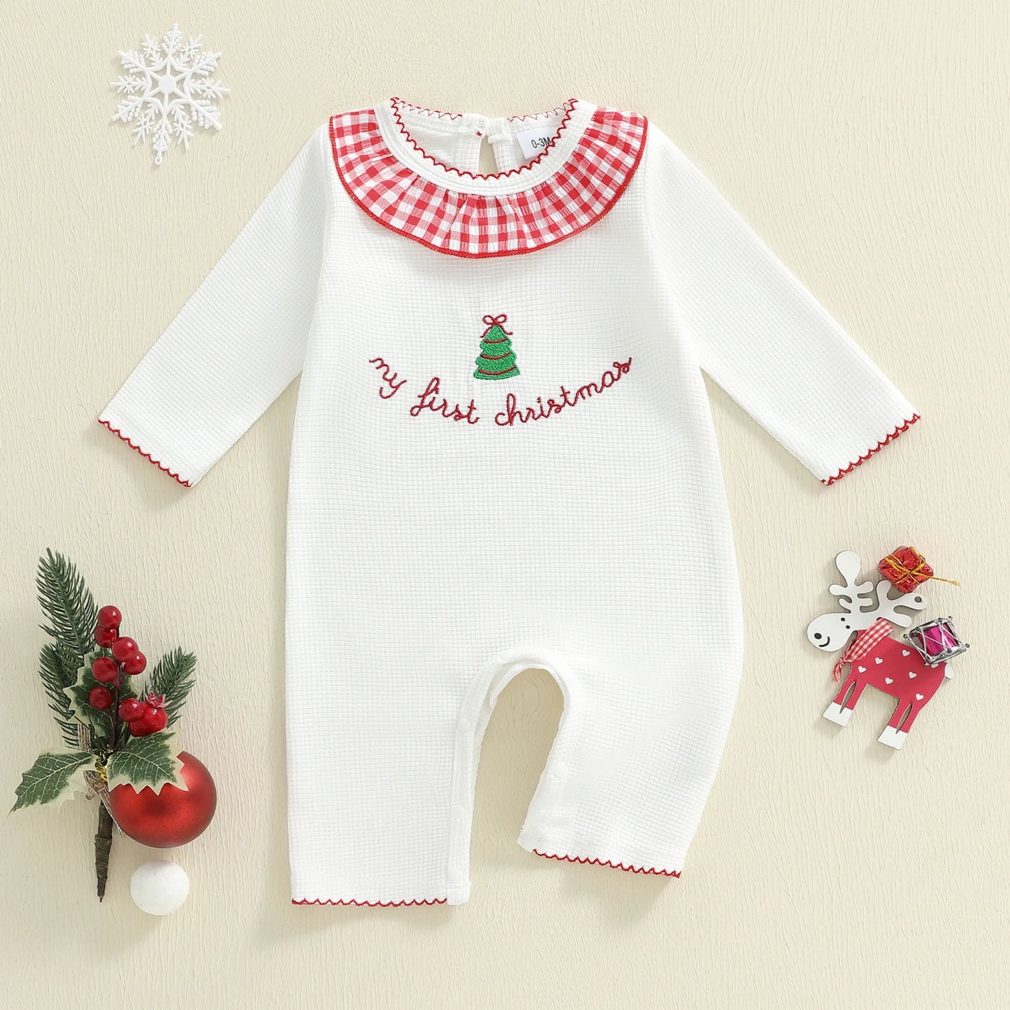 Baby Christmas Tree Embroidered Plaid Romper (0-6M)