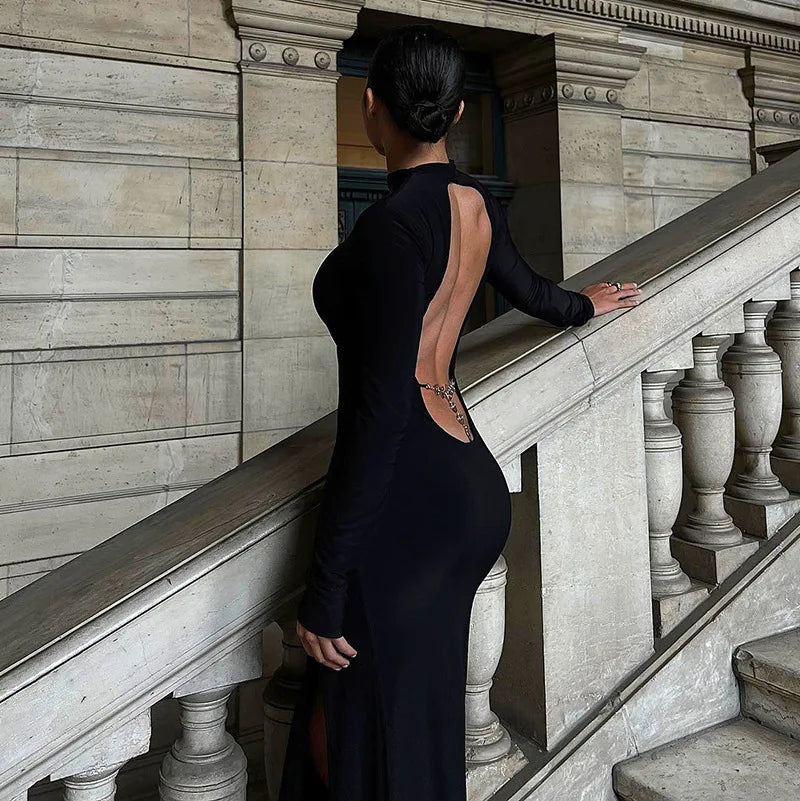 Women's Cut Out Chain Backless Maxi Party Club Long Sleeve Slit Long Dress