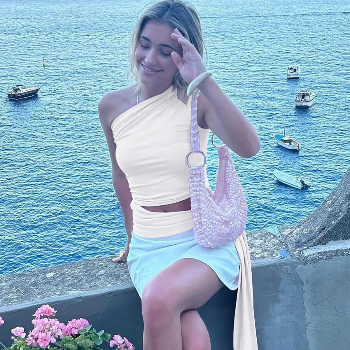 Women's One Shoulder Solid Lace Up Top Summer Outfit Backless Sleeveless Crop Tank Coquette