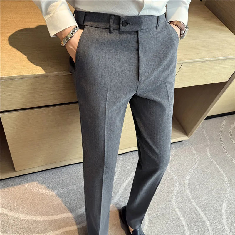 Men's Elastic Waist Suit Trousers - Smart Casual Solid Striped Pants for Autumn Winter