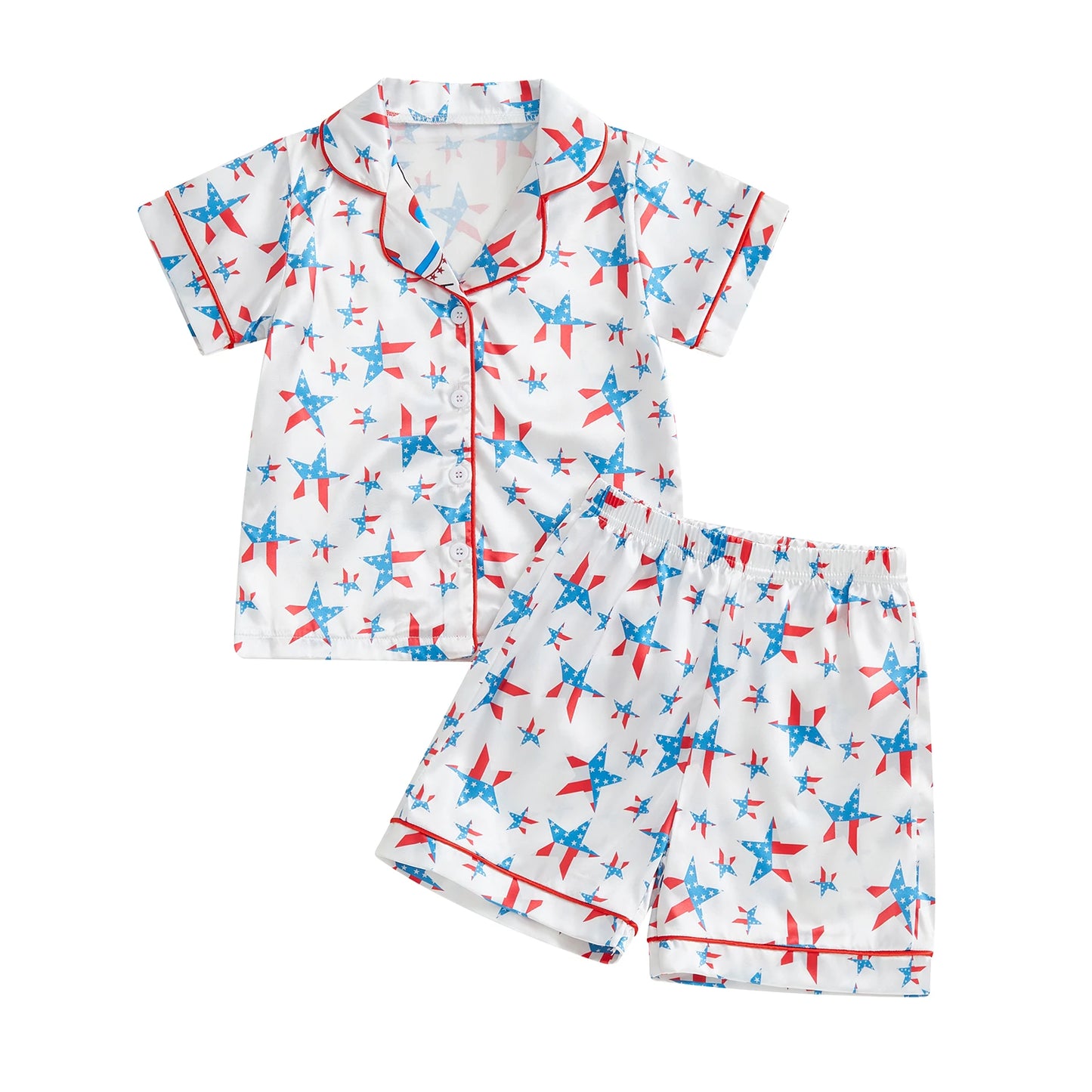 0-6Y Summer Kids Girls Pyjamas Clothes Set Summer Star/Bow Print Button up Short Sleeves Shirt with Elastic Shorts